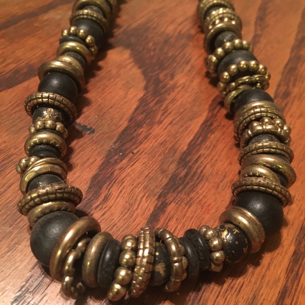 Vintage beaded chunky black and gold Egyptian tribal wooden bead